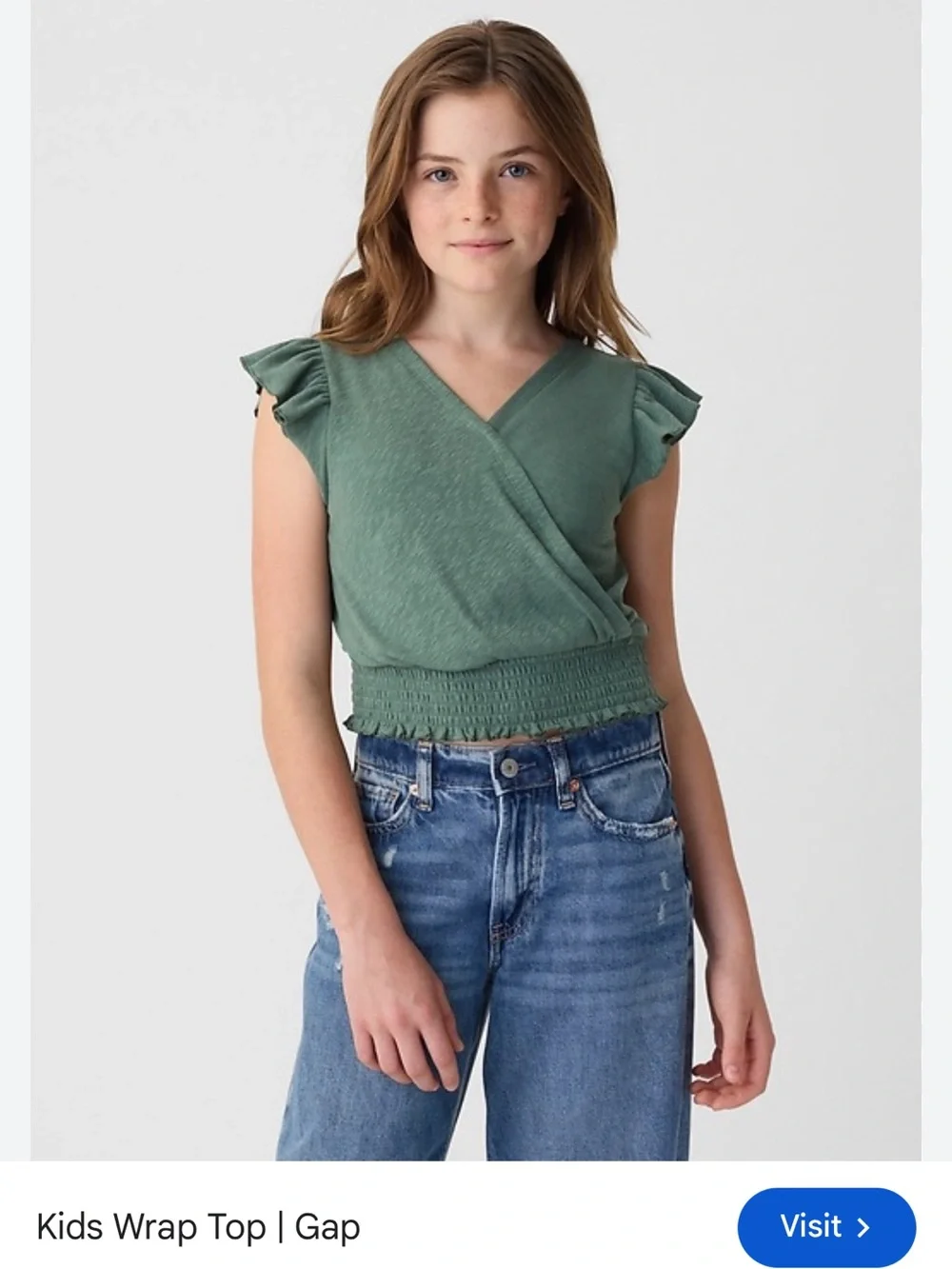 GAP Sage Dark Forest Green V-Neck Smocked Hem Flutter Sleeve Top Sz 6/7 Cotton